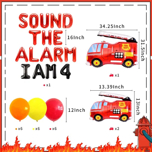 Vista 2 de LaVenty Sound The Alarm I Am 4 Globos de bomberos para decoración de cumpleaños de 4º cumpleaños
