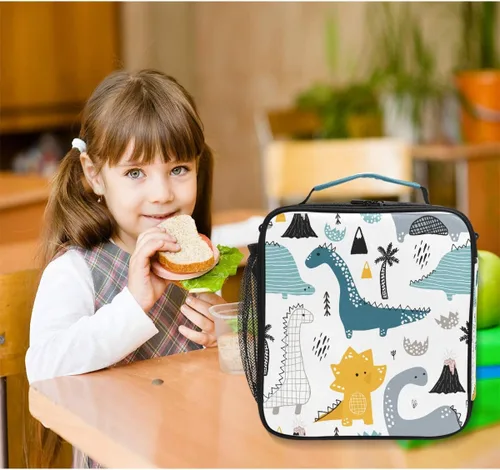 Vista 6 de OREZI Lonchera escolar infantil de dinosaurio para niños y niñas, bolsa de almuerzo aislada con correa ajustable, a prueba de fugas y duradera