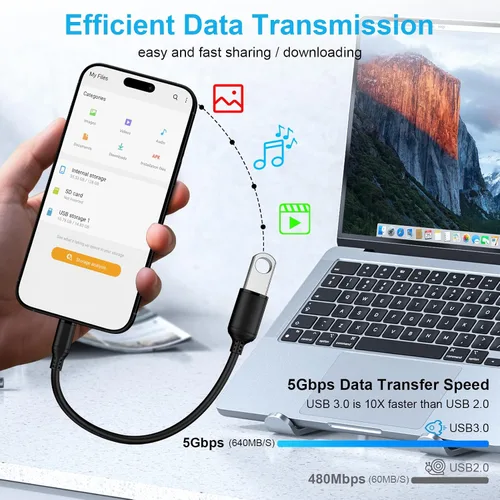 Vista 3 de Adaptador USB C a USB 3.0, transferencia de datos de alta velocidad de 5 Gbps, adaptador USB C Android macho a USB hembra OTG On The Go Dongle Cable