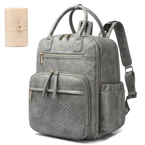 Vista 8 de Mochila de cuero para pañales para mujer con múltiples bolsillos, compartimento para laptop y cambiador.