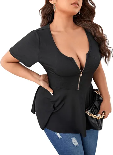 Vista 3 de SOLY HUX Tallas grandes para mujer, sexy, media cremallera, corte bajo, manga corta, volantes, peplum tops