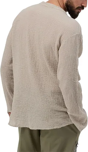 Vista 4 de Camisa Henley con botones para hombre, cuello redondo, ligera, de manga larga, casual, holgada, transpirable, a la moda