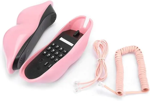 Vista 2 de Vikye Teléfono fijo, teléfono doméstico de estilo europeo, forma de labios rosados de moda, teléfono fijo de escritorio, teléfono creativo para uso