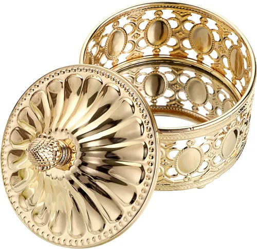 Vista 9 de Hipiwe Joyero de metal hueco con tapa, organizador de joyas con espejo dorado, anillo y aretes, collar, caja de almacenamiento para decoración