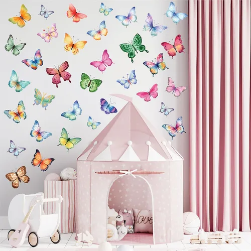 Vista 2 de Calcomanías de pared de mariposa de acuarela para dormitorio de niñas, calcomanías de pared para niños, bebés, guardería, decoración de bricolaje