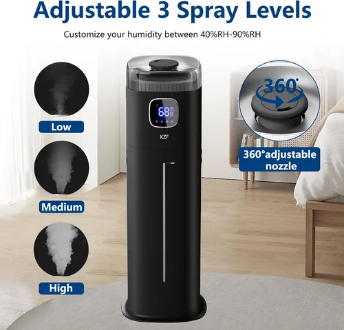 Vista 4 de KZF Humidificador grande para dormitorio, humidificador ultrasónico de niebla fría de 9L/2.5 galones con humidistato, boquilla de 360°, nivel