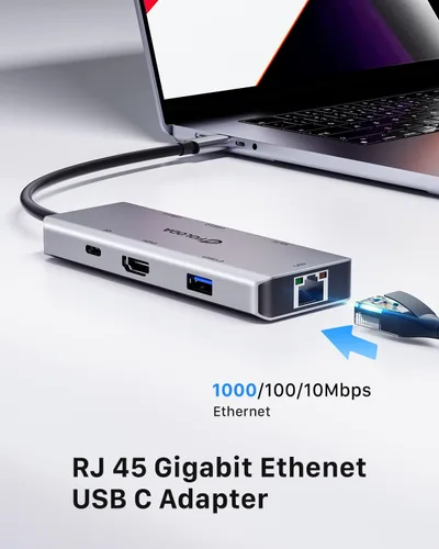 Vista 5 de USB C HUB HDMI 4K @60Hz, estación de acoplamiento 8 en 1, adaptador USB C multipuertos con Gigabit Ethernet, PD 100W, 3* USB 3.0, TF/SD, USB C Dock