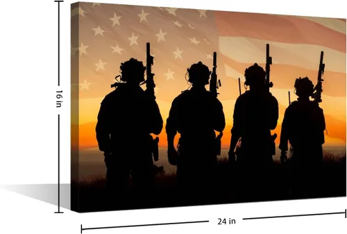 Vista 5 de TUMOVO Arte abstracto para pared, imágenes impresas en lienzo con la bandera estadounidense, arte moderno de soldados militares, arte de pared