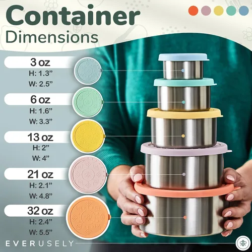 Vista 2 de Recipientes de alimentos de acero inoxidable, cajas de almuerzo de metal, juego de 5, brillantes Everusely lunch containers feature colorful lids