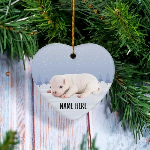 Vista 2 de Personalized Name American Bully White Puppy Christmas Tree Ornaments Ceramic Heart Decorations Gifts for Dog Lovers