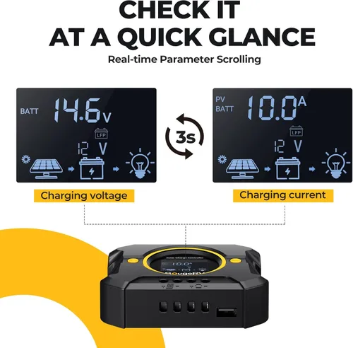 Vista 3 de BougeRV Li 10A PWM Controlador de carga solar 12V 24V, regulador de panel solar con pantalla retroiluminada, puerto USB, parámetro ajustable