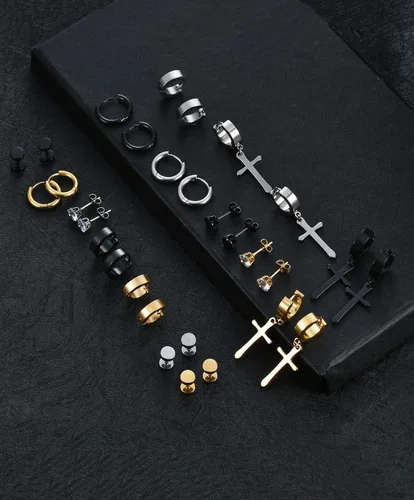 Vista 3 de Juego de 15 pares de aretes colgantes de acero inoxidable con bisagras, aretes tipo dormilona con circonita cúbica para hombres y mujeres, joyería