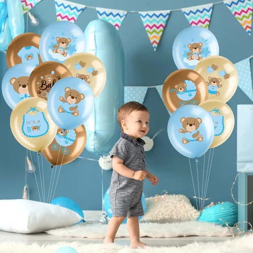Vista 6 de 36 globos de oso para bebé, globos de látex de oso azul, marrón, globos de bebé, globos con la que podemos esperar para fiestas de cumpleaños