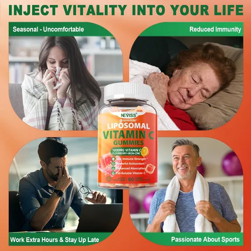 Vista 6 de Gomitas liposomales de vitamina C de 1000 mg para adultos – Vitamina C masticable 1500 mg con 8 mg de hierro, zinc y saúco – Apoyo inmunológico