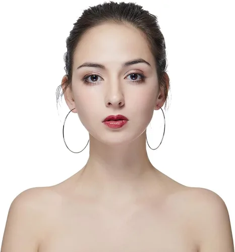 Vista 3 de Aretes de aro de baloncesto hipoalergénicos extra grandes para mujeres y hombres, aretes de aro grandes y finos, Metal, No es una piedra preciosa