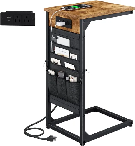 Vista 18 de Mesa auxiliar en forma de C con estación de carga rápida, mesa lateral pequeña para sofá con bolsa de almacenamiento, bandeja de TV para sofá