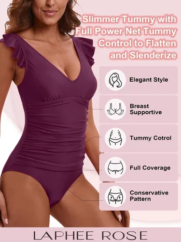 Vista 4 de Traje de baño de una pieza con volantes para mujer con control de abdomen