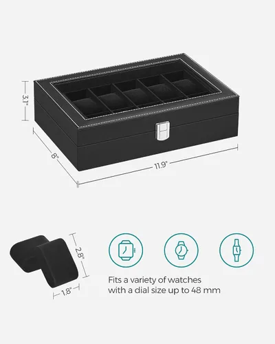 Vista 6 de SONGMICS Caja de reloj caja de reloj de 12 ranuras con tapa de cristal grande almohadas de reloj extraíbles organizador de caja de reloj regalo