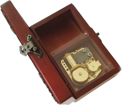 Vista 3 de FnLy Caja musical de madera con cuerda de encaje antiguo de 18 notas con movimiento chapado en oro, música de Elfen Lied Dorado