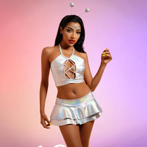 Vista 6 de ABAFIP Conjunto de ropa holográfica para mujer, con tirantes holográficos, top corto con volantes, minifalda metálica para festivales