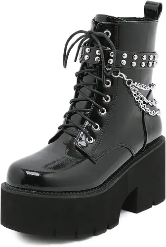 Vista 16 de mikarka Platform Boots for Women - Womens Combat Boots with Chain Design 1-negro
