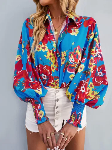 Vista 2 de ANRABESS Blusa de manga larga abombada con estampado floral para mujer cuello abotonado casual holgada ajuste relajado