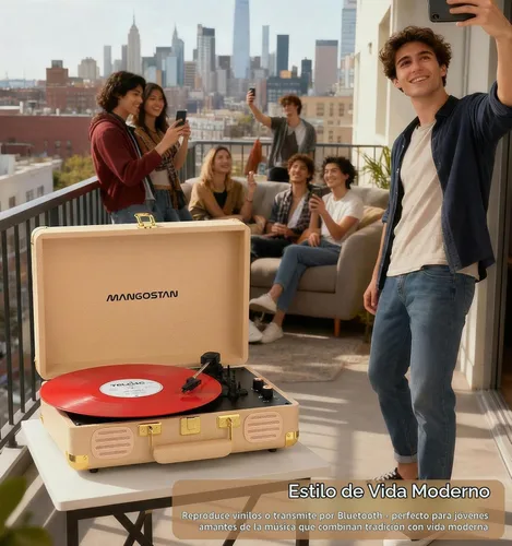 Vista 7 de Tocadiscos Bluetooth, tocadiscos portátil de 3 velocidades, dorado