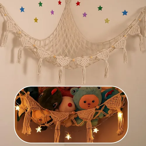 Vista 16 de Hamaca Esquinera para Animales de Peluche - Jumbo de 56'' Hecha a Mano con Cordón Doble de Macramé de 5mm, Red de Almacenamiento de Animales