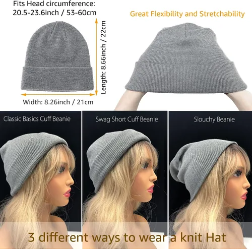 Vista 5 de Gorro de punto 100% de algodón para mujeres y hombres, gorro de invierno holgado con puños para mujer, gorro de esquí cálido