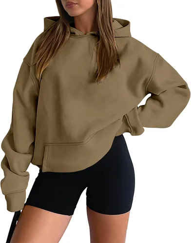 Vista 21 de onlypuff Sudadera casual con capucha para mujer, de manga larga, con bolsillo de canguro, hombro caído