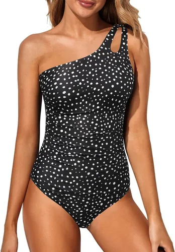 Vista 34 de Women's One Shoulder One Piece Tummy Control Swimsuit Full Coverage Diseño de ojo de cerradura, ajuste de cobertura completa, estilo modesto Negro