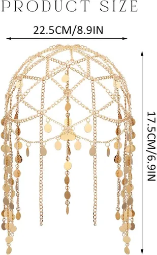 Vista 4 de Yean Diadema de lentejuelas doradas para adultos, joyería bohemia para el cabello, borla para festival, disfraz para mujeres y niñas