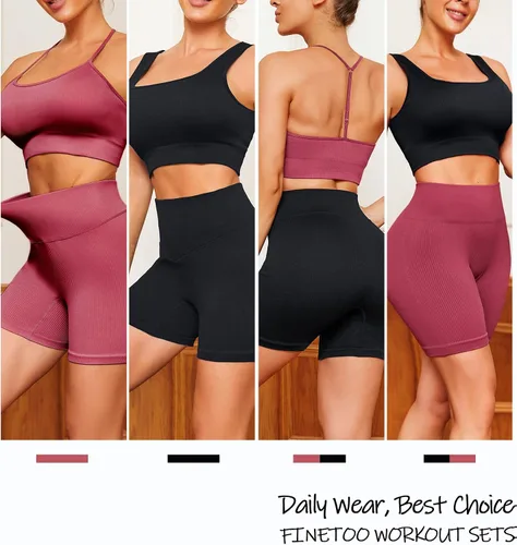 Vista 3 de Conjuntos de entrenamiento para mujer, 4 piezas, sin costuras, brasier deportivo de cintura alta, pantalones cortos para yoga, gimnasio, conjunto