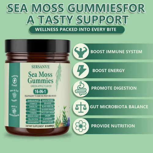 Vista 2 de Gomitas de musgo marino 16 en 1, con aceite de semilla negra, Ashwagandha y saúco Suplemento orgánico de musgo marino irlandés para hombres