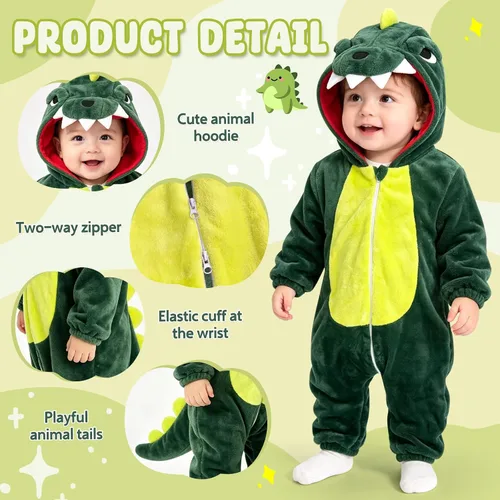 Vista 2 de Disfraz de monstruo azul para niños pequeños: mameluco de animal con capucha para Halloween, lindo y cálido traje de monstruo azul para otoño e