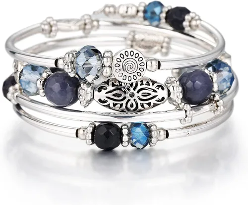 Vista 17 de FULU AUTUMN Pulseras apilables con cuentas para mujer, pulsera bohemia de plata envolvente, joyería de moda en capas, regalos para ella 17-negro