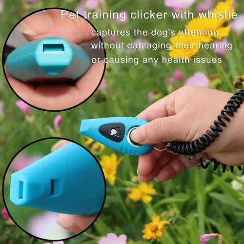 Vista 3 de Clicker de entrenamiento para mascotas con silbato y correa para la muñeca, silbatos de entrenamiento de perros (negro + azul)