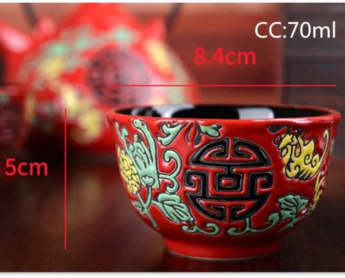 Vista 5 de Juego de té de cerámica tradicional chino de la boda retro rojo doble felicidad tetera taza de té recién casados regalo suministros de boda