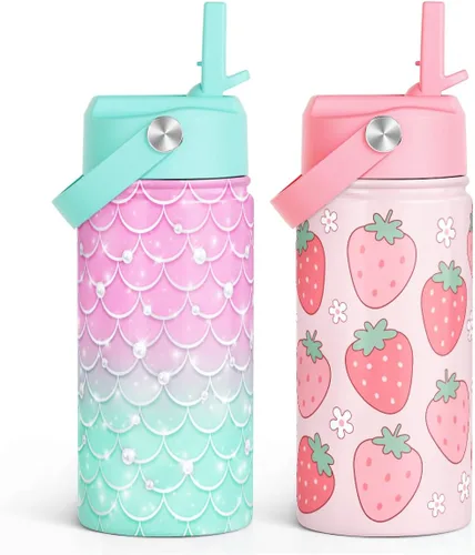 Vista 9 de SANDJEST Botella de Agua para Niños con Tapa de Pajita - 12 Oz Botella de Acero Inoxidable Aislada con Dibujo de Animales para Niños y Niñas - Taza