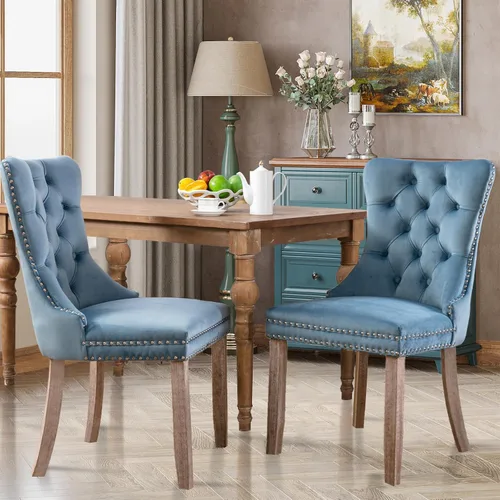 Vista 17 de Juego de 2 sillas de comedor tapizadas de tela de lino, sillas de cocina modernas de mediados de siglo con respaldo alto, ribete de cabeza de clavo