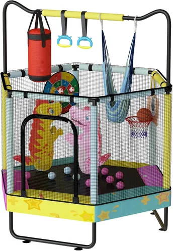 Vista 14 de Lamerge Kids Trampoline, Toddler Bouncing Trampoline with Safety Enclosure Net, ASTM-Approved, 500lbs Capacity, Ages 1-8, Adjustable Handrail