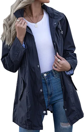 Vista 18 de Kikibell Chaqueta de lluvia para mujer con capucha, con forro a rayas, ligera, impermeable para exteriores, cortavientos Verde militar