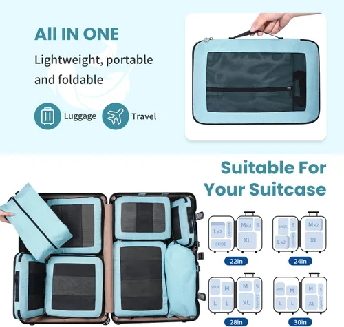Vista 7 de Juego de 8 juegos6 juegos4 cubos de compresión para viajes, artículos esenciales ligeros de viaje para vacaciones, accesorios de viaje para maleta