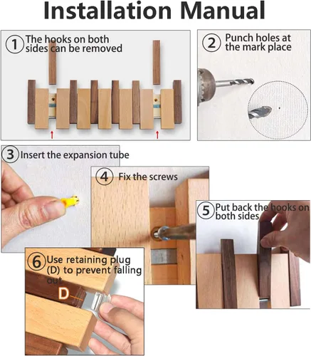 Vista 5 de Perchero de Pared de Madera, Perchero de Pared de Madera con 6 Ganchos Magnéticos Abatibles Piano Perchero de Pared para Entrada, Baño, Dormitorio