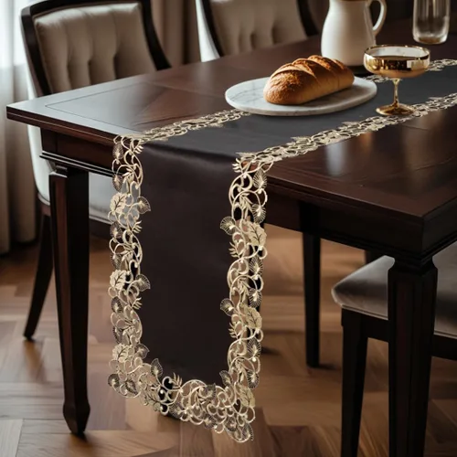 Vista 3 de DECOZEN Camino de mesa navideño de encaje dorado negro – Bufanda bordada para comedor y tocador para mesas de vacaciones, bodas y fiestas – 14 x 108