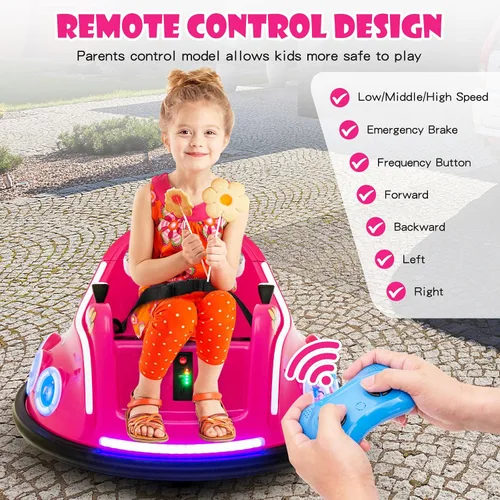 Vista 7 de HONEY JOY Coche de parachoques para niños pequeños de 12V, coche de batería para bebés con control remoto, dos joysticks, luz LED intermitente y Rosa