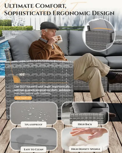 Vista 4 de U-MAX - Juego de muebles de patio, 7 piezas para sofá seccional para exteriores Ratán gris y cojín gris