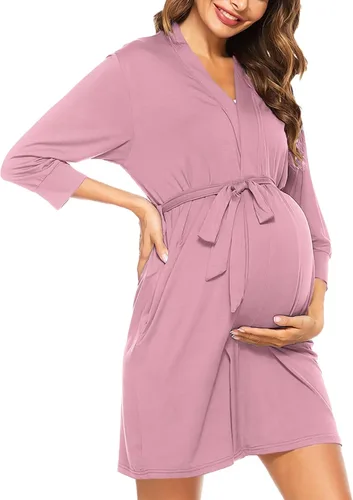 Vista 15 de SWOMOG Women's Maternity Nursing Robe Pregnancy Breastfeeding Bathrobes 3 in 1 Labor Delivery Nightgown Negro (Long Sleeve-Black)
