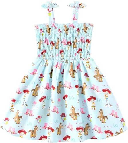 Vista 30 de Disney Vestido de princesa Frozen, Elsa, Minnie Stitch, para niña, con lazo, tirantes fruncidos, traje de verano, para fiesta de cumpleaños, 2-9 años