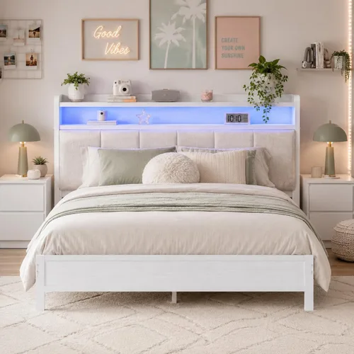 Vista 10 de IMMERSTABLE - Base de cama individual con cabecero de almacenamiento, marco de cama de plataforma metálico individual con luces LED y estación